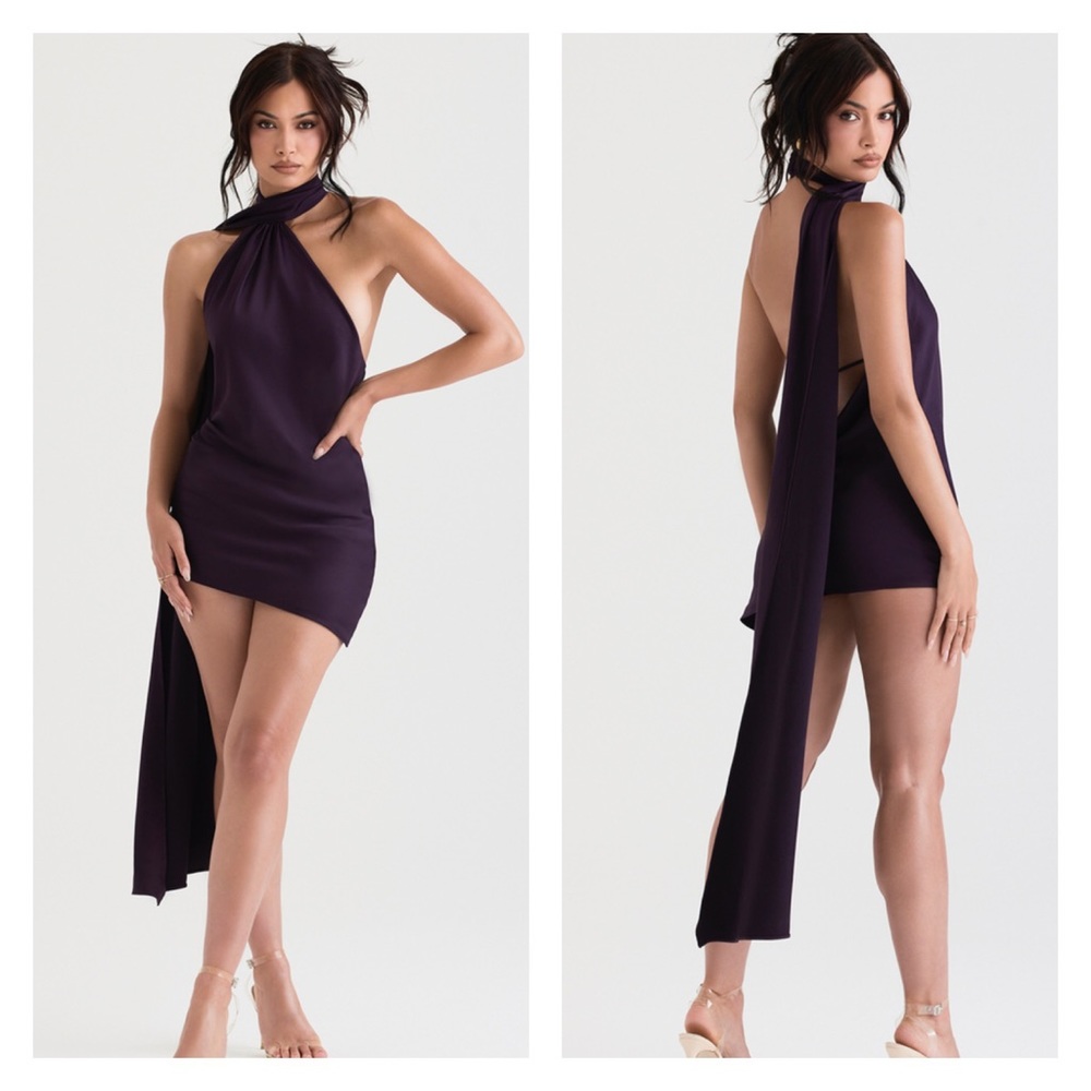HOUSE OF CB | Aida Satin Sleeveless Halter Mini Dress Purple Bodycon